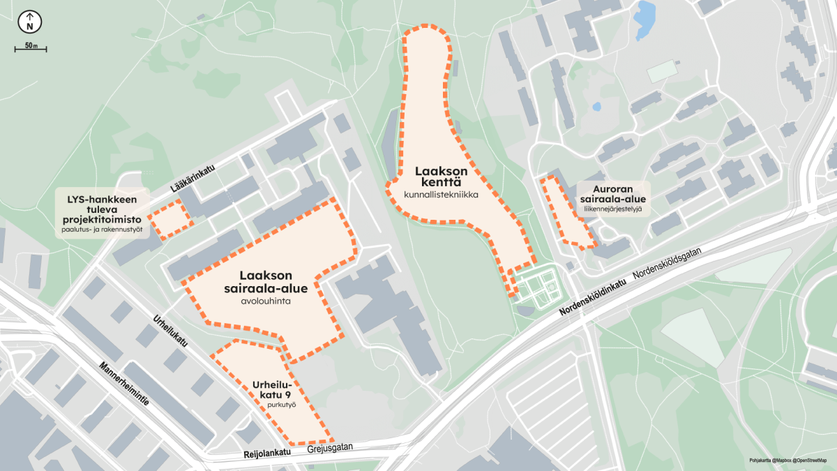 Kartta Laakson ja Auroran sairaala-alueista ja Laakson kentästä ja niiden työmaa-alueista.