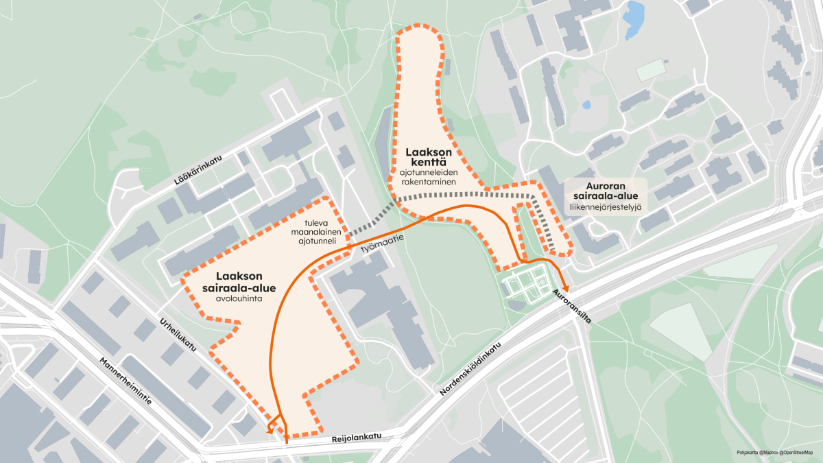 Kartta Laakson ja Auroran sairaala-alueista ja Laakson kentästä ja niiden työmaa-alueista.