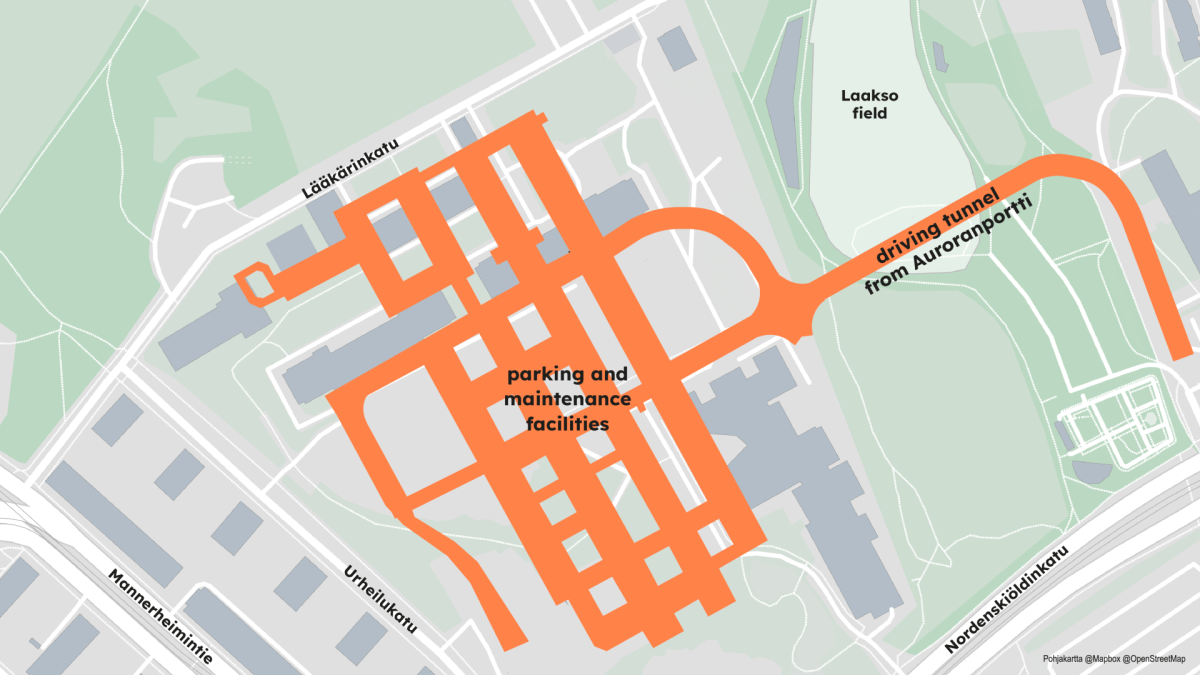 A map of the Laakso Hospital area, with a maze of corridors covering the entire area. And text: parking and maintenance facilities and the driving tunnel from Auroranportti.