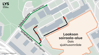 Kartta Laakson sairaala-alueesta Urheilukadun ja Lääkärinkadun kulmassa. Tarkempi kuvailu tekstissä.