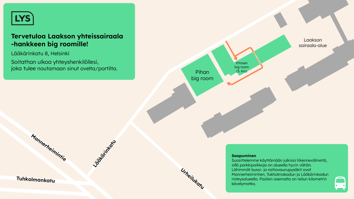Karttakuva LYS pihan big roomille saapumiseksi.