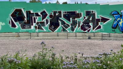 Musta graffiti maalattu vihreään työmaa-aitaan. Edessä on hiekkatie.