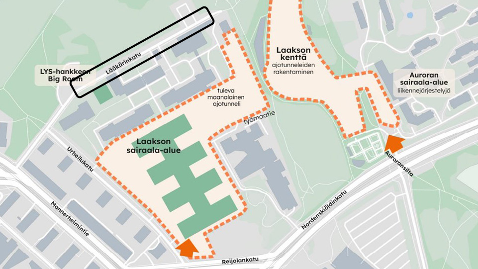 Kartta Lääkärinkadun sähkökaapelien kaivuutöistä