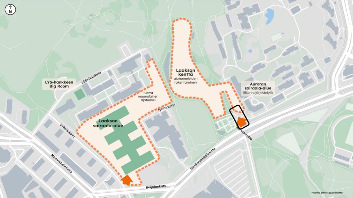 Karttakuva Auroranportin risteysalueen katutöistä, jotka tehdään kesän 2026 aikana.