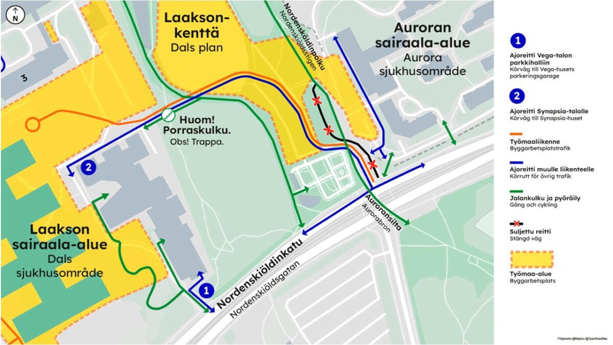 Väliaikaiset kulkureitit Synapsialle kesällä 2026.