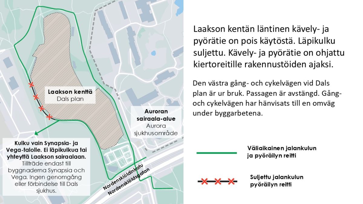Karttakuva Laakson kentän alikulkutunnelin purkutöiden aiheuttamista kiertoreiteistä.