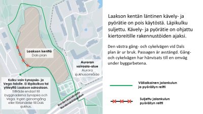 Karttakuva Laakson kentän alikulkutunnelin purkutöiden aiheuttamista kiertoreiteistä.